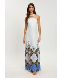 Karen Millen - Petite Tile Print Satin Viscose Halterneck Maxi Dress - Lyst