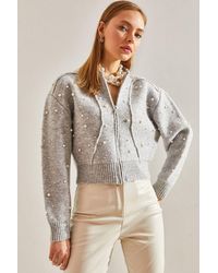 Bianco Lucci - Pearl Embellished Zip-Up Crop Cardigan - Lyst
