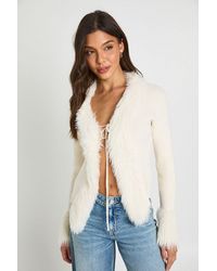 Boohoo - Fur Trim Tie Front Knitted Cardigan - Lyst