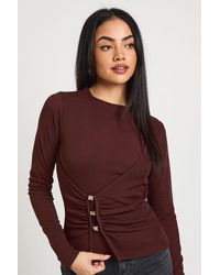 Boohoo - Rib Long Sleeve Wrap Front Trim Top - Lyst