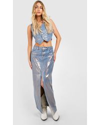 Boohoo - Metallic Denim Split Front Maxi Skirt - Lyst