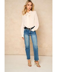 Gini London - Oatmeal Tie Neck Long Sleeve Top - Lyst