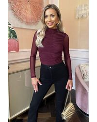 AX Paris - Plum High Neck Long Sleeve Ruched Mesh Bodysuit - Lyst