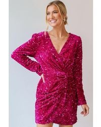 Azura Exchange - Pitaya Velvet Sequin Long Sleeve V Neck Wrapped Mini Dress - Lyst