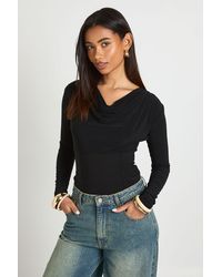 Boohoo - Cinched Corset Waist Cowl Neck Long Sleeve Top - Lyst