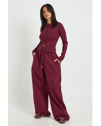 Boohoo - Petite Rib Button Through Long Sleeve Top Tracksuit - Lyst
