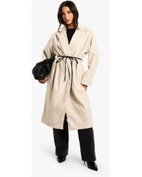 Boohoo - Petite Faux Leather Belt Wool Look Coat - Lyst