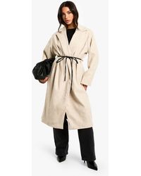 Boohoo - Petite Faux Leather Belt Wool Look Coat - Lyst