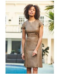 Sosandar - Camel Luxury Leather Zip Front Fit & Flare Dress - Lyst
