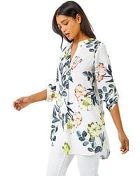 Roman - V-Neck Longline Button Detail Floral Tunic Top - Lyst