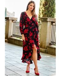 Sosandar - Floral Print Ruffle Hem Midi Wrap Dress - Lyst