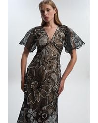 Karen Millen - Hand Embroidered And Sequin Organdie Deep V Woven Maxi Dress - Lyst