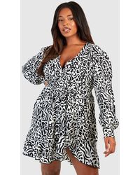 Boohoo - Plus Zebra Wrap Ruffle Skater Dress - Lyst