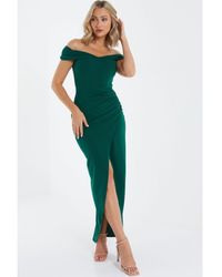 Quiz - Bottle Green Ruched Bardot Maxi Dress - Lyst