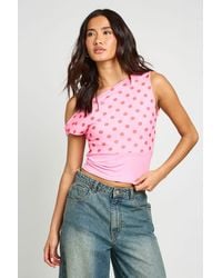 Boohoo - Mesh Off Shoulder Deep Waistband Polka Dot Top - Lyst