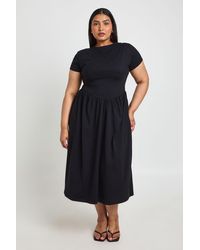 Boohoo - Plus Cotton Cinched Waist Cap Sleeve Midi Dress - Lyst