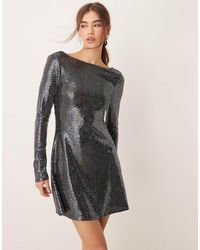 Miss Selfridge - Glitter Sequin Long Sleeve Flare Mini Dress - Lyst