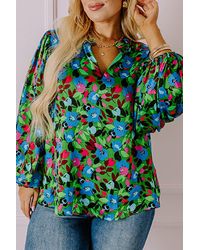 Azura Exchange - Grüne Plus-Size Bluse Mit Blumen-Muster Und Puffärmeln Im V-Ausschnitt - Lyst