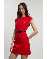 Karen Millen - Petite Textured Compact Stretch Tailored Belted Mini Dress - Lyst