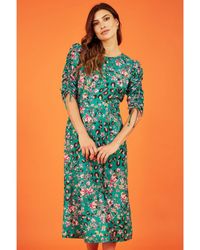 Yumi' - Green Animal Floral Print Ruched Sleeve Midi Dress - Lyst