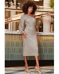 Sosandar - Champagne Sequin One Sleeve Midi Dress - Lyst