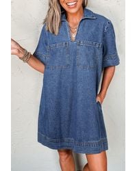 Azura Exchange - Blaues Kurzärmeliges Kragenloses Denim-Minikleid Mit Aufgesetzter Tasche - Lyst