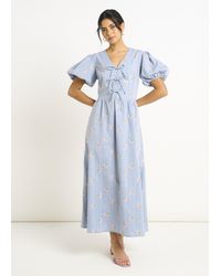 Gini London - Cotton Mix Tie Detail Puff Sleeves Midi Dress - Lyst