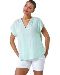 Roman - Embroidered Stripe Notch Neck Top - Lyst
