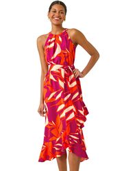 Roman - Floral Print Frill Wrap Midi Dress - Lyst