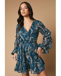 Oasis - Floral Printed Ruffle Sleeve Bow Detail Mini Dress - Lyst