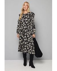 Wallis - Petite Floral Satin Jacquard Ruffle Midi Dress - Lyst