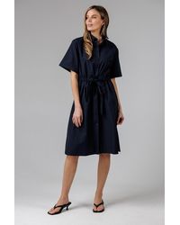 French Connection - Cotton Blend Short Sleeve Tie Waist Poplin Midi Shirt Dress - Lyst