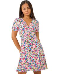 Roman - Petite Floral Frill Wrap Dress - Lyst