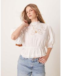 Gina Tricot - Puff Sleeve Blouse Top With Embroidered Cutwork Front Bodice Detail - Lyst