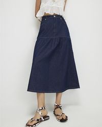 River Island - Midi Skirt Panelled Denim Button Zip Cotton - Lyst