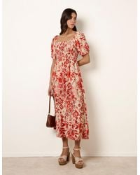 Blue Vanilla - Watercolour Floral Shirred Puff Sleeve Midi Dress - Lyst