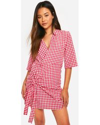 Boohoo - Textured Gingham Wrap Dress - Lyst