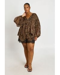 Boohoo - Plus Leopard Chiffon Ruffle Plunge Blouse - Lyst