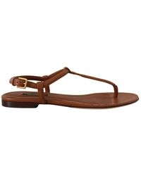 Dolce & Gabbana - Brown Leather T-strap Slides Flats Sandals Shoes - Lyst