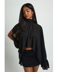 Boohoo - High Neck Chiffon Split Sleeve Blouse - Lyst