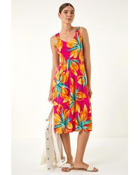 Roman - Floral Print Shirred Back Midi Dress - Lyst