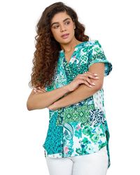 Roman - Patchwork Print Woven V-Neck Pleat Front Top - Lyst