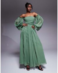 LACE & BEADS - Off Shoulder Balloon Sleeve Maxi Dress - Lyst