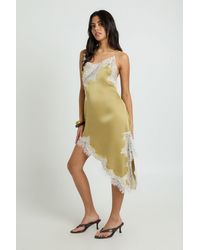 Boohoo - Satin Asym Hem Midi Dress With Contrast Lace - Lyst