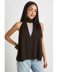 Boohoo - Chiffon High Neck Lace Keyhole Blouse - Lyst