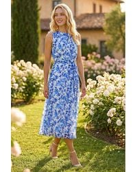 Roman - Floral Print Pleat Neck Midi Dress - Lyst