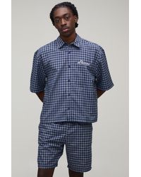 BoohooMAN - Embroidered Micro Check Boxy Oversized Shirt & Short Set - Lyst