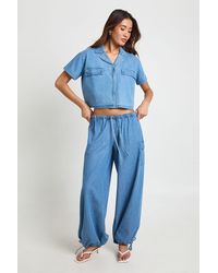 Boohoo - Chambray Cropped Short Sleeve Shirt - Lyst