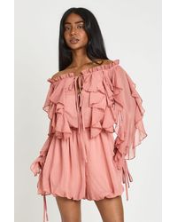 Boohoo - Bardot Ruffle Detail Textured Chiffon Playsuit - Lyst