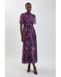 Karen Millen - Blurred Floral Cross Detail Tulle Maxi Dress - Lyst